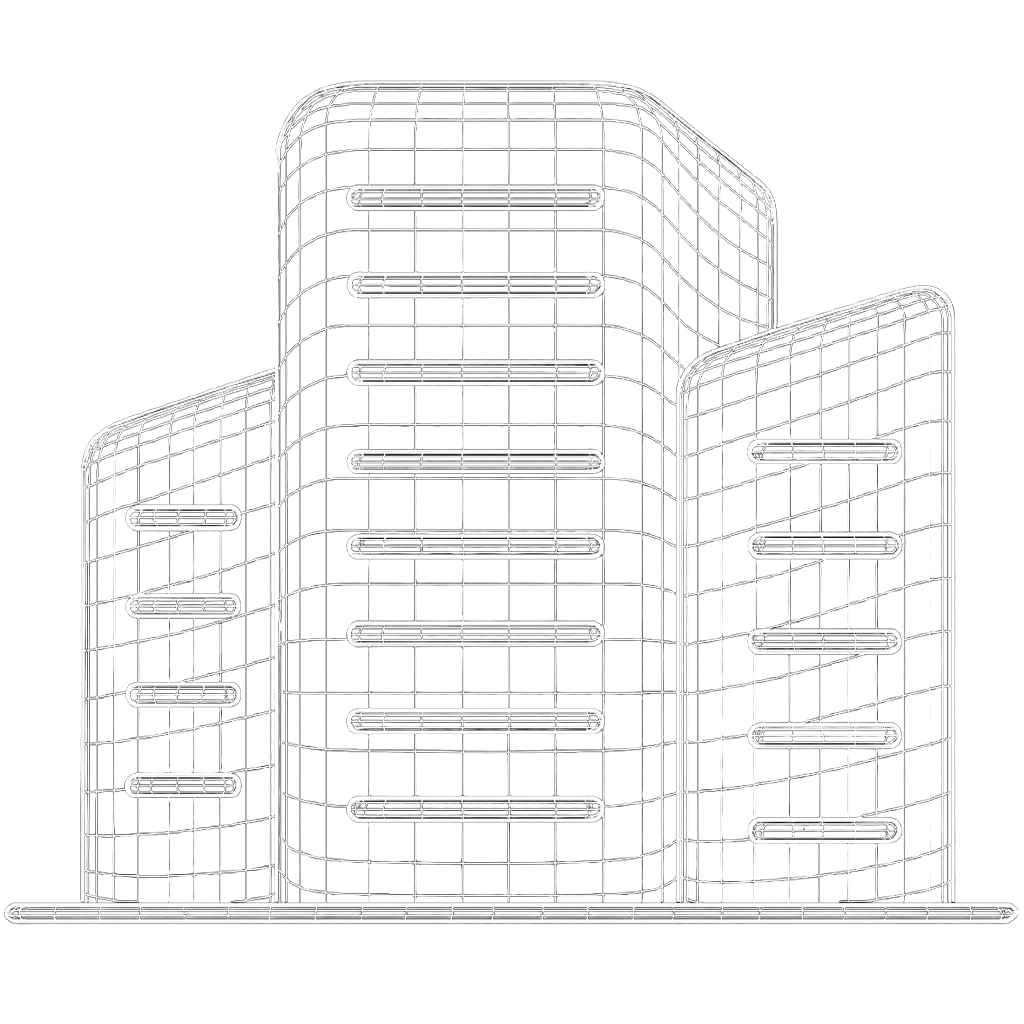 3D wireframe cityscape logo with three modern buildings in white mesh on black background