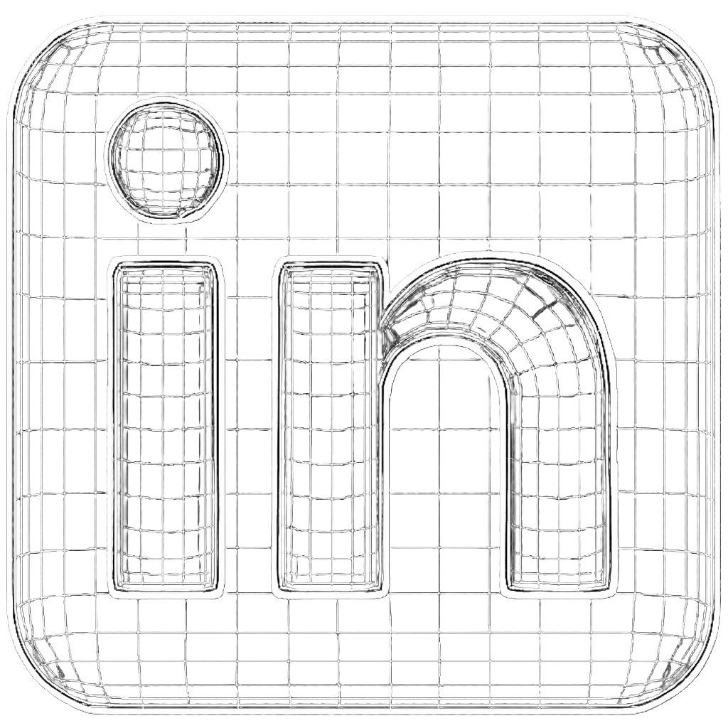 3D wireframe LinkedIn logo icon in white on black background